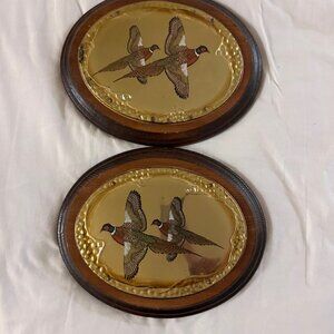 2 Oval Wood Metal Plaques Pheasants 10-3/4"x8-3/4" Cabin Wall Decor Man Cave